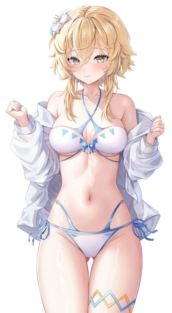 Ảnh gái anime đứng bên bể bơi với bộ bikini rực rỡ