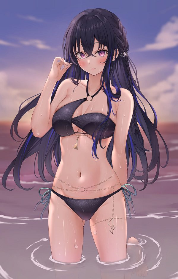 Nhân vật anime nữ đứng dưới nắng hè rực lửa