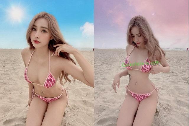 Ảnh gái xinh mặc bikini hồng nổi bật trên bãi biển