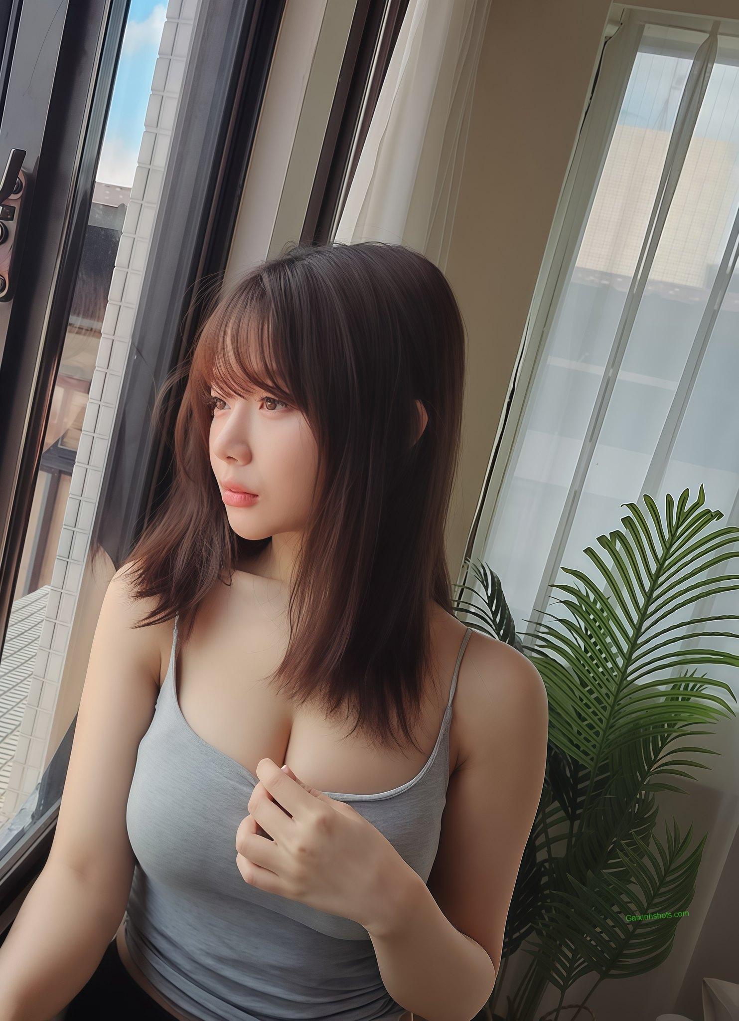 Ảnh gái xinh ngực bự mặc áo hở cổ